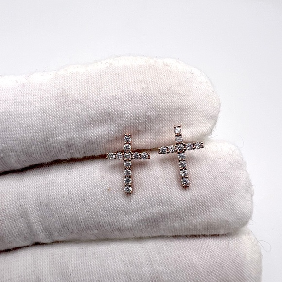 Rose GP/Sterling Silver Cz Cross Post Earrings - Picture 2 of 16